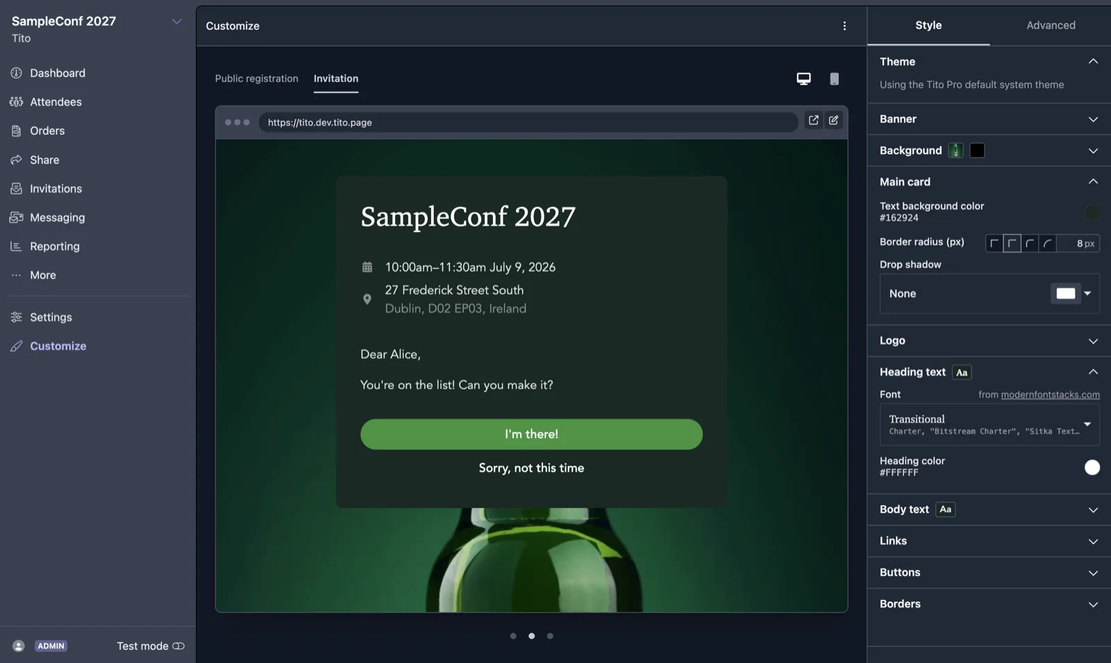 Screenshot of the Tito Pro Customize page showing an event invitation preview alongside theme and styling controls